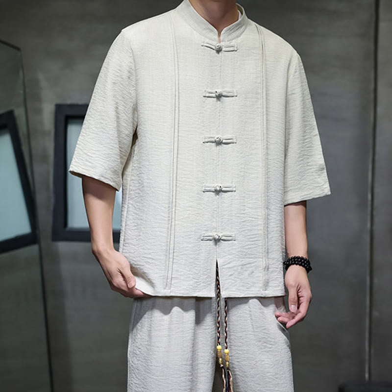 Buddha Stones Completo estivo da uomo con camicia a maniche a gomito, bottoni a rana e pantaloni corti, ideale per la meditazione, con tasche. - image 6