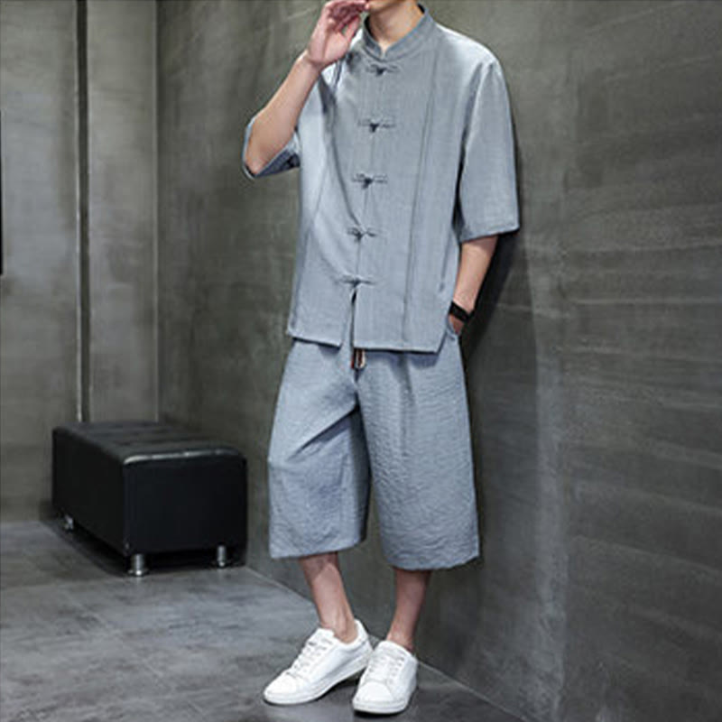 Buddha Stones Completo estivo da uomo con camicia a maniche a gomito, bottoni a rana e pantaloni corti, ideale per la meditazione, con tasche. - image 11
