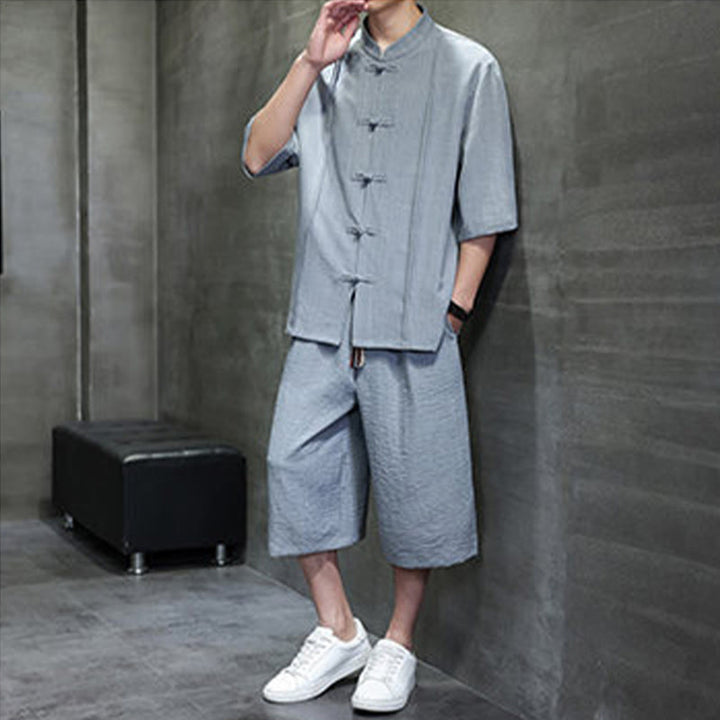 Buddha Stones Completo estivo da uomo con camicia a maniche a gomito, bottoni a rana e pantaloni corti, ideale per la meditazione, con tasche. - image 11