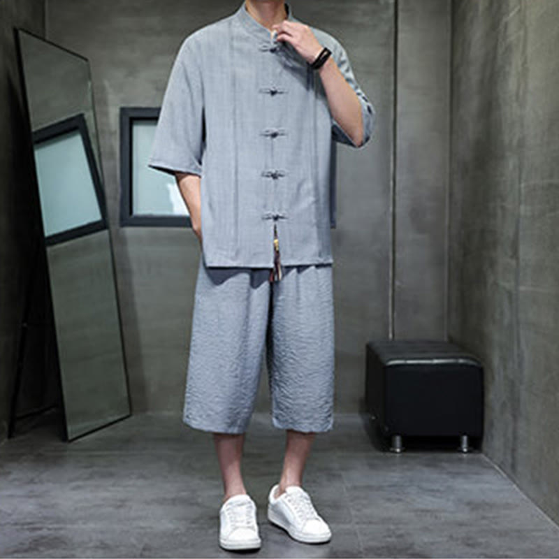 Buddha Stones Completo estivo da uomo con camicia a maniche a gomito, bottoni a rana e pantaloni corti, ideale per la meditazione, con tasche. - image 10