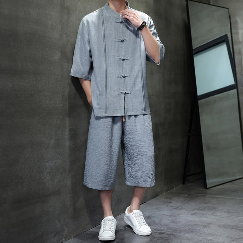 Buddha Stones Completo estivo da uomo con camicia a maniche a gomito, bottoni a rana e pantaloni corti, ideale per la meditazione, con tasche. - image 14