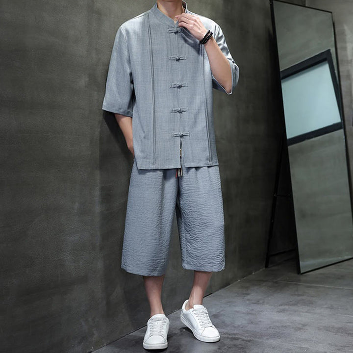 Buddha Stones Completo estivo da uomo con camicia a maniche a gomito, bottoni a rana e pantaloni corti, ideale per la meditazione, con tasche. - image 14