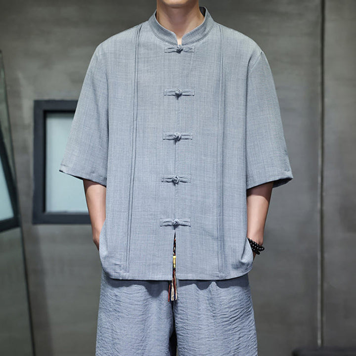 Buddha Stones Completo estivo da uomo con camicia a maniche a gomito, bottoni a rana e pantaloni corti, ideale per la meditazione, con tasche. - image 16