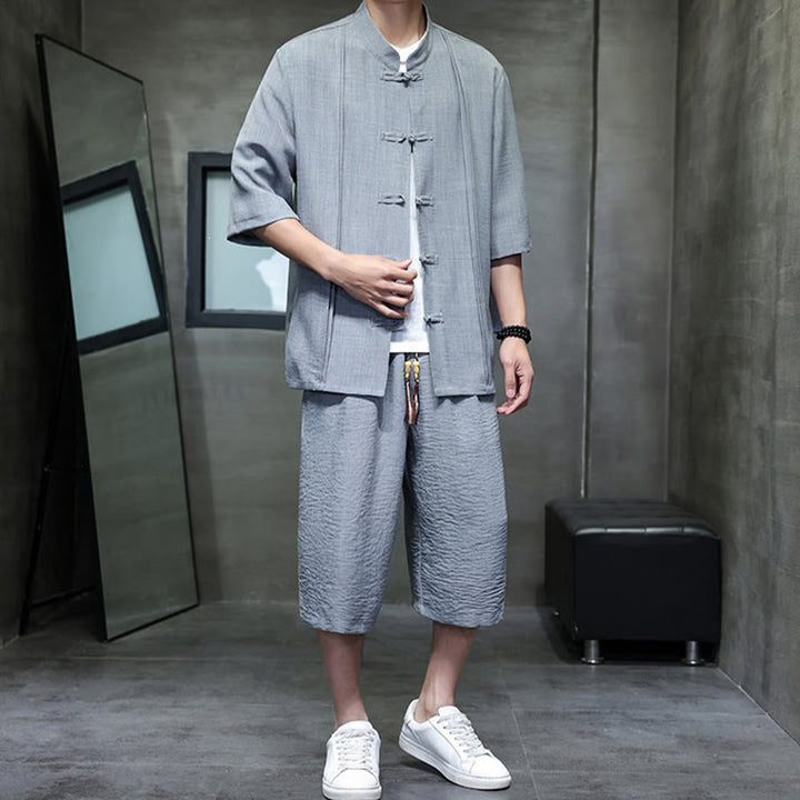 Buddha Stones Completo estivo da uomo con camicia a maniche a gomito, bottoni a rana e pantaloni corti, ideale per la meditazione, con tasche. - image 12