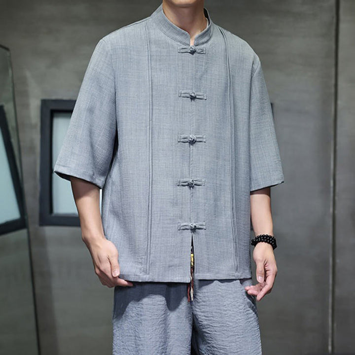 Buddha Stones Completo estivo da uomo con camicia a maniche a gomito, bottoni a rana e pantaloni corti, ideale per la meditazione, con tasche. - image 17