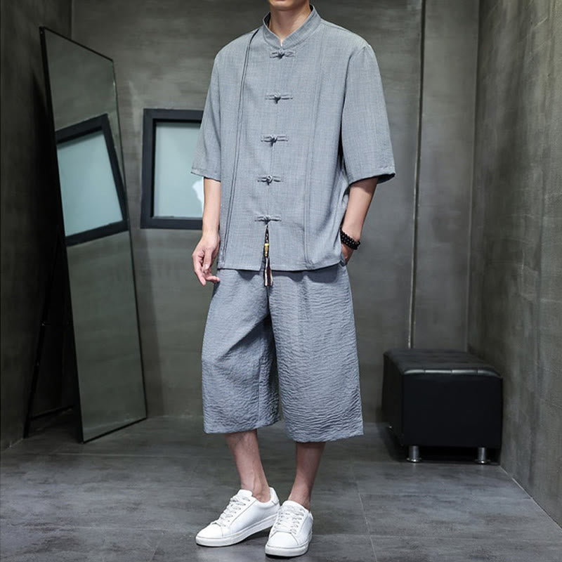 Buddha Stones Completo estivo da uomo con camicia a maniche a gomito, bottoni a rana e pantaloni corti, ideale per la meditazione, con tasche. - image 13