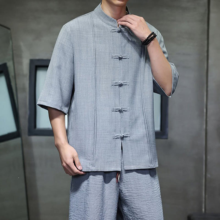 Buddha Stones Completo estivo da uomo con camicia a maniche a gomito, bottoni a rana e pantaloni corti, ideale per la meditazione, con tasche. - image 15