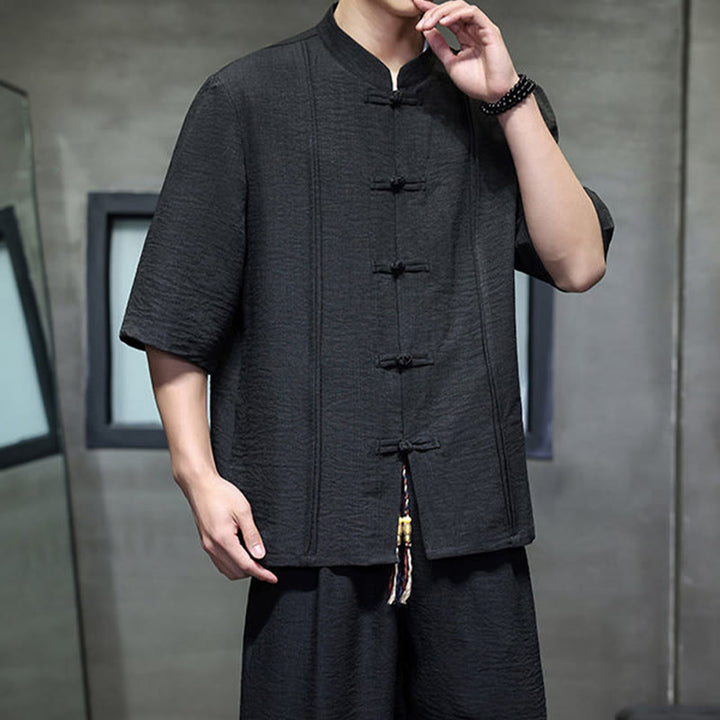 Buddha Stones Completo estivo da uomo con camicia a maniche a gomito, bottoni a rana e pantaloni corti, ideale per la meditazione, con tasche. - image 28
