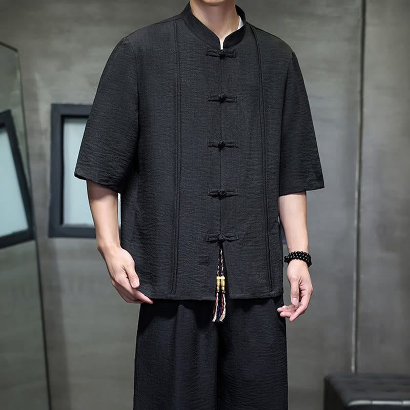 Buddha Stones Completo estivo da uomo con camicia a maniche a gomito, bottoni a rana e pantaloni corti, ideale per la meditazione, con tasche. - image 30