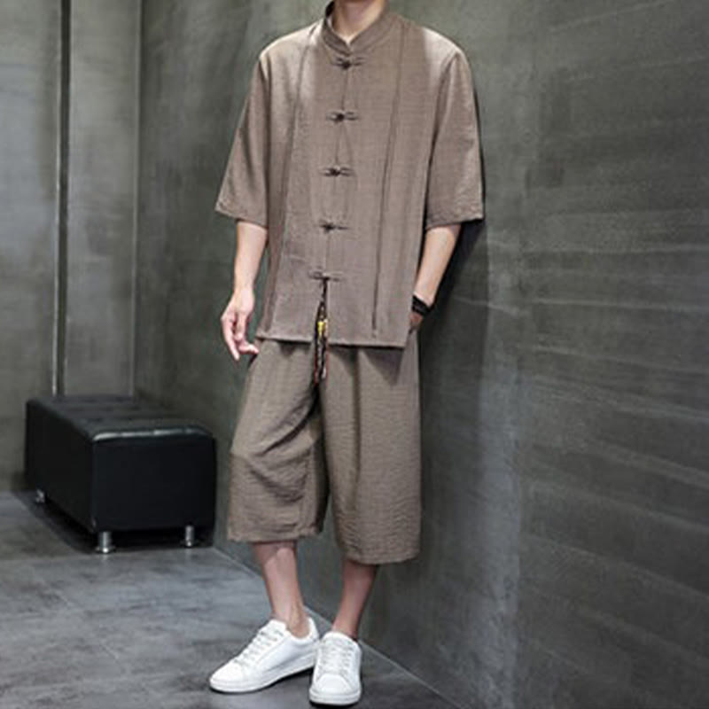 Buddha Stones Completo estivo da uomo con camicia a maniche a gomito, bottoni a rana e pantaloni corti, ideale per la meditazione, con tasche. - image 33