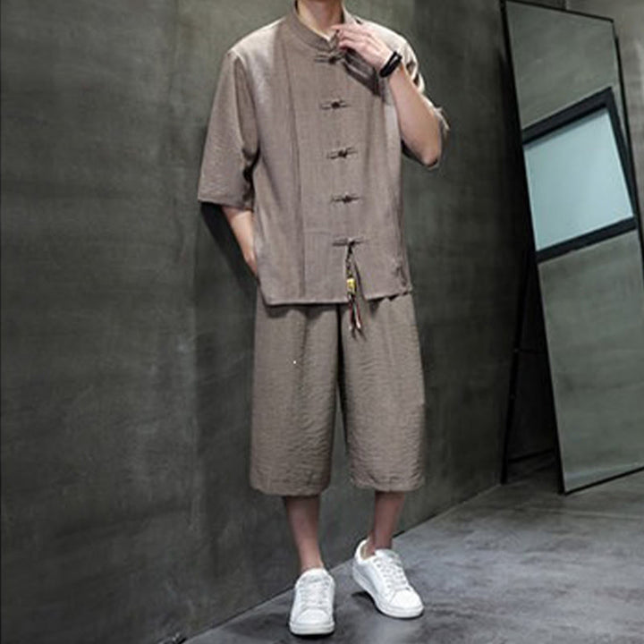 Buddha Stones Completo estivo da uomo con camicia a maniche a gomito, bottoni a rana e pantaloni corti, ideale per la meditazione, con tasche. - image 32