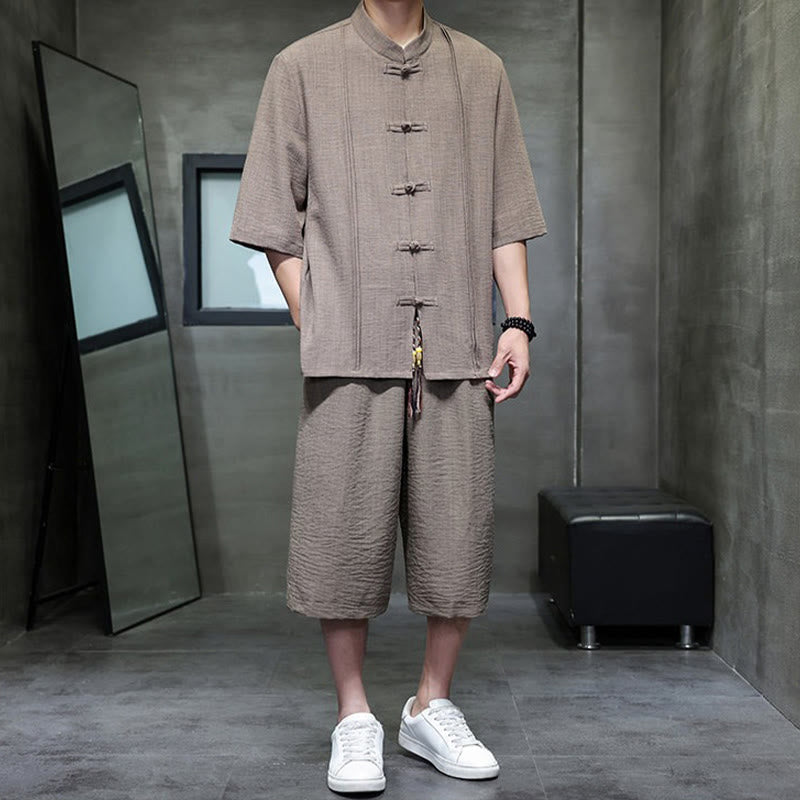 Buddha Stones Completo estivo da uomo con camicia a maniche a gomito, bottoni a rana e pantaloni corti, ideale per la meditazione, con tasche. - image 36