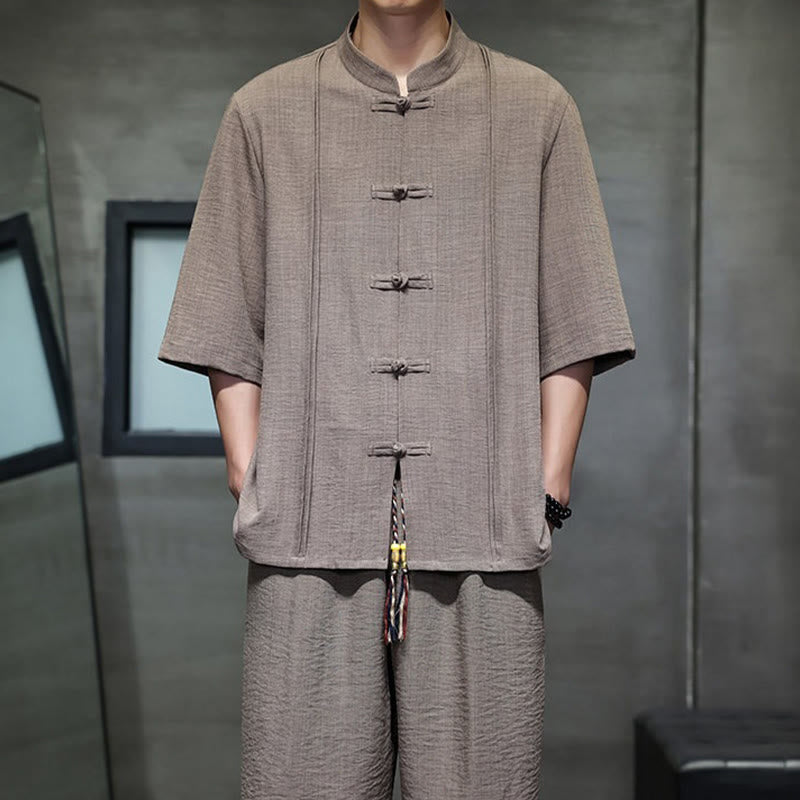 Buddha Stones Completo estivo da uomo con camicia a maniche a gomito, bottoni a rana e pantaloni corti, ideale per la meditazione, con tasche. - image 38