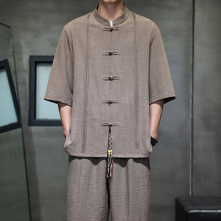 Buddha Stones Completo estivo da uomo con camicia a maniche a gomito, bottoni a rana e pantaloni corti, ideale per la meditazione, con tasche. - image 38