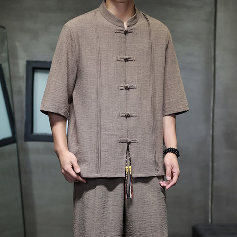 Buddha Stones Completo estivo da uomo con camicia a maniche a gomito, bottoni a rana e pantaloni corti, ideale per la meditazione, con tasche. - image 39