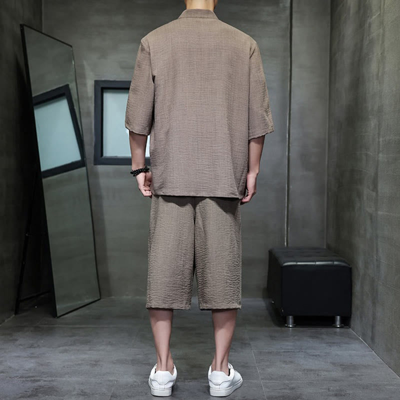 Buddha Stones Completo estivo da uomo con camicia a maniche a gomito, bottoni a rana e pantaloni corti, ideale per la meditazione, con tasche. - image 34