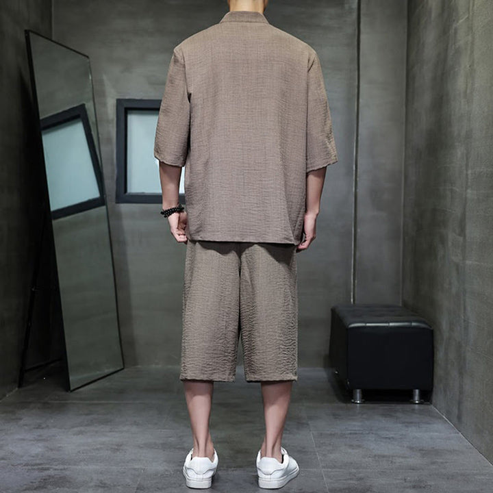 Buddha Stones Completo estivo da uomo con camicia a maniche a gomito, bottoni a rana e pantaloni corti, ideale per la meditazione, con tasche. - image 34