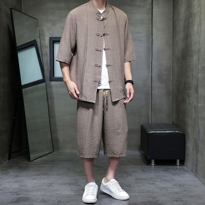 Buddha Stones Completo estivo da uomo con camicia a maniche a gomito, bottoni a rana e pantaloni corti, ideale per la meditazione, con tasche. - image 35