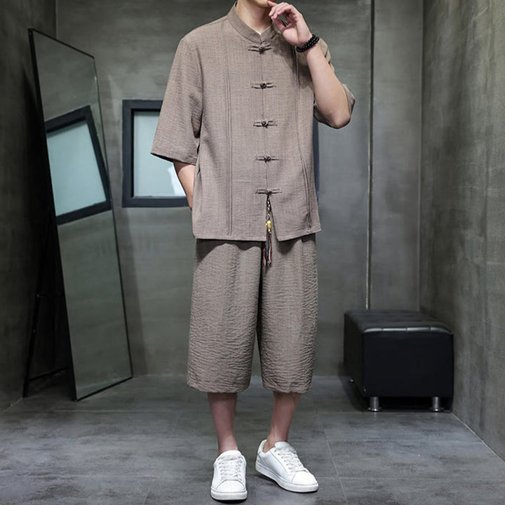 Buddha Stones Completo estivo da uomo con camicia a maniche a gomito, bottoni a rana e pantaloni corti, ideale per la meditazione, con tasche. - image 37