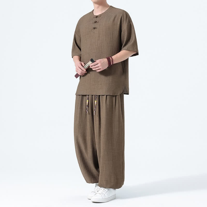 Buddha Stones Completo estivo da uomo composto da camicia a maniche corte con bottoni a rana, pantaloni harem e pantaloni da meditazione con tasche, stile Tang, con 2 pezzi. - Perù - US/UK/AU46, EU56 (5XL) - image 0