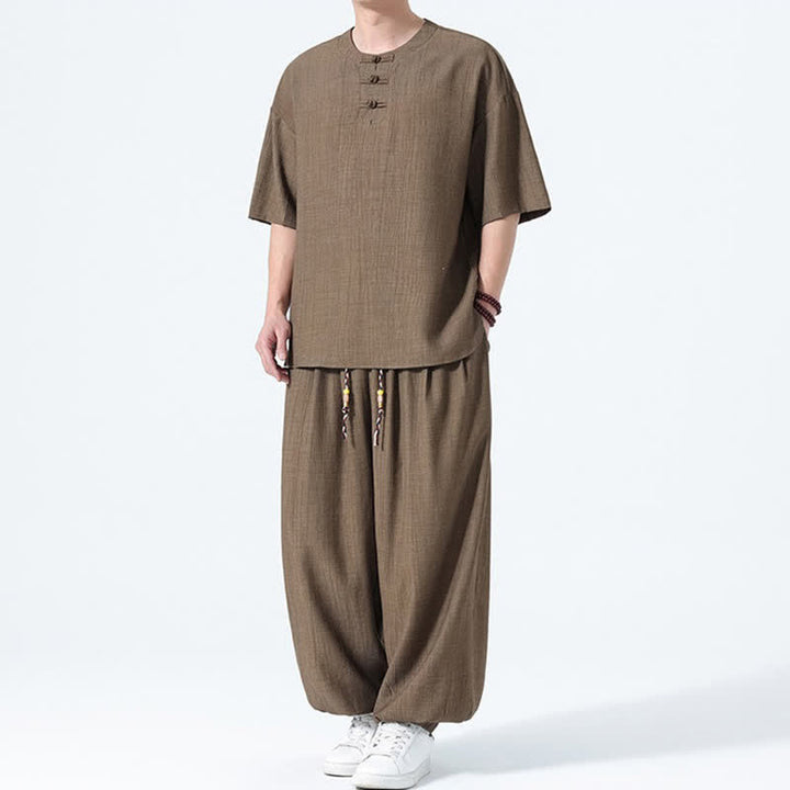 Buddha Stones Completo estivo da uomo composto da camicia a maniche corte con bottoni a rana, pantaloni harem e pantaloni da meditazione con tasche, stile Tang, con 2 pezzi. - image 2