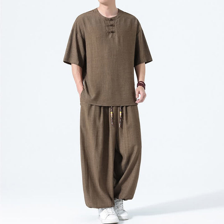 Buddha Stones Completo estivo da uomo composto da camicia a maniche corte con bottoni a rana, pantaloni harem e pantaloni da meditazione con tasche, stile Tang, con 2 pezzi. - image 5