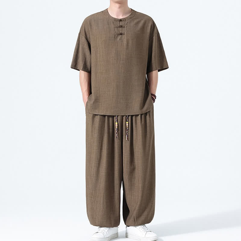 Buddha Stones Completo estivo da uomo composto da camicia a maniche corte con bottoni a rana, pantaloni harem e pantaloni da meditazione con tasche, stile Tang, con 2 pezzi. - image 1