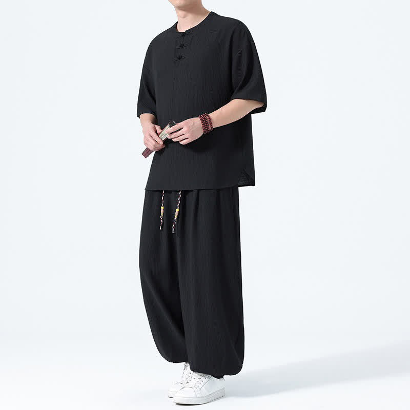 Buddha Stones Completo estivo da uomo composto da camicia a maniche corte con bottoni a rana, pantaloni harem e pantaloni da meditazione con tasche, stile Tang, con 2 pezzi. - Nero - US/UK/AU46, EU56 (5XL) - image 6