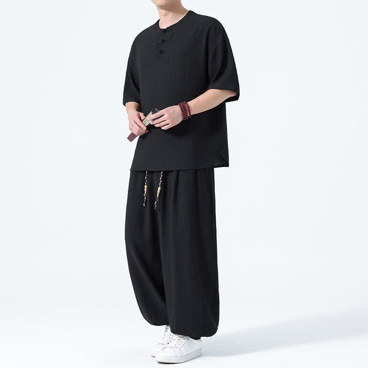 Buddha Stones Completo estivo da uomo composto da camicia a maniche corte con bottoni a rana, pantaloni harem e pantaloni da meditazione con tasche, stile Tang, con 2 pezzi. - Nero - US/UK/AU46, EU56 (5XL) - image 6