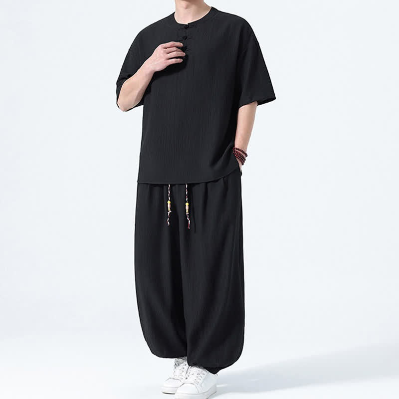 Buddha Stones Completo estivo da uomo composto da camicia a maniche corte con bottoni a rana, pantaloni harem e pantaloni da meditazione con tasche, stile Tang, con 2 pezzi. - image 11