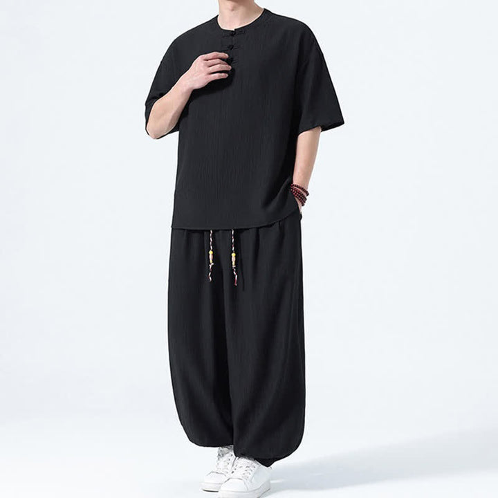 Buddha Stones Completo estivo da uomo composto da camicia a maniche corte con bottoni a rana, pantaloni harem e pantaloni da meditazione con tasche, stile Tang, con 2 pezzi. - image 11