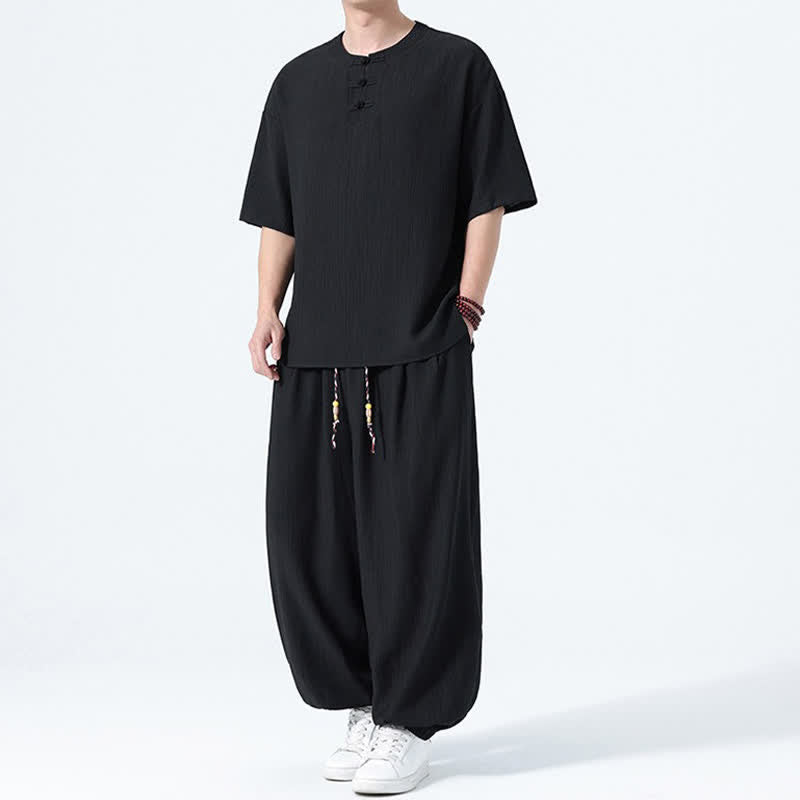 Buddha Stones Completo estivo da uomo composto da camicia a maniche corte con bottoni a rana, pantaloni harem e pantaloni da meditazione con tasche, stile Tang, con 2 pezzi. - image 10