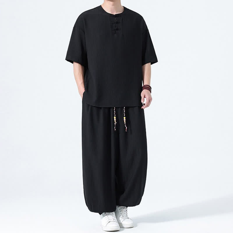 Buddha Stones Completo estivo da uomo composto da camicia a maniche corte con bottoni a rana, pantaloni harem e pantaloni da meditazione con tasche, stile Tang, con 2 pezzi. - image 12