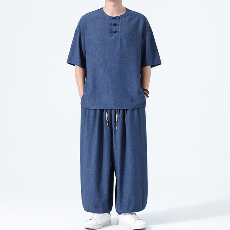 Buddha Stones Completo estivo da uomo composto da camicia a maniche corte con bottoni a rana, pantaloni harem e pantaloni da meditazione con tasche, stile Tang, con 2 pezzi. - image 17