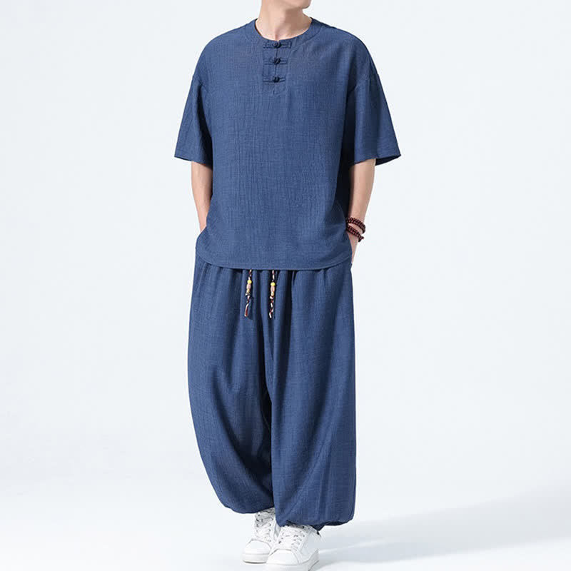 Buddha Stones Completo estivo da uomo composto da camicia a maniche corte con bottoni a rana, pantaloni harem e pantaloni da meditazione con tasche, stile Tang, con 2 pezzi. - image 18