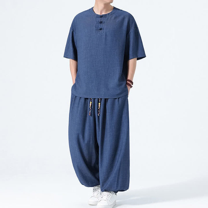Buddha Stones Completo estivo da uomo composto da camicia a maniche corte con bottoni a rana, pantaloni harem e pantaloni da meditazione con tasche, stile Tang, con 2 pezzi. - image 18