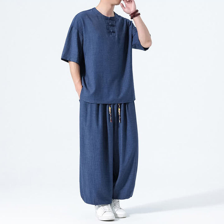 Buddha Stones Completo estivo da uomo composto da camicia a maniche corte con bottoni a rana, pantaloni harem e pantaloni da meditazione con tasche, stile Tang, con 2 pezzi. - image 19