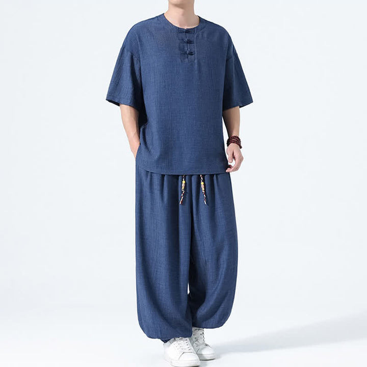 Buddha Stones Completo estivo da uomo composto da camicia a maniche corte con bottoni a rana, pantaloni harem e pantaloni da meditazione con tasche, stile Tang, con 2 pezzi. - image 14