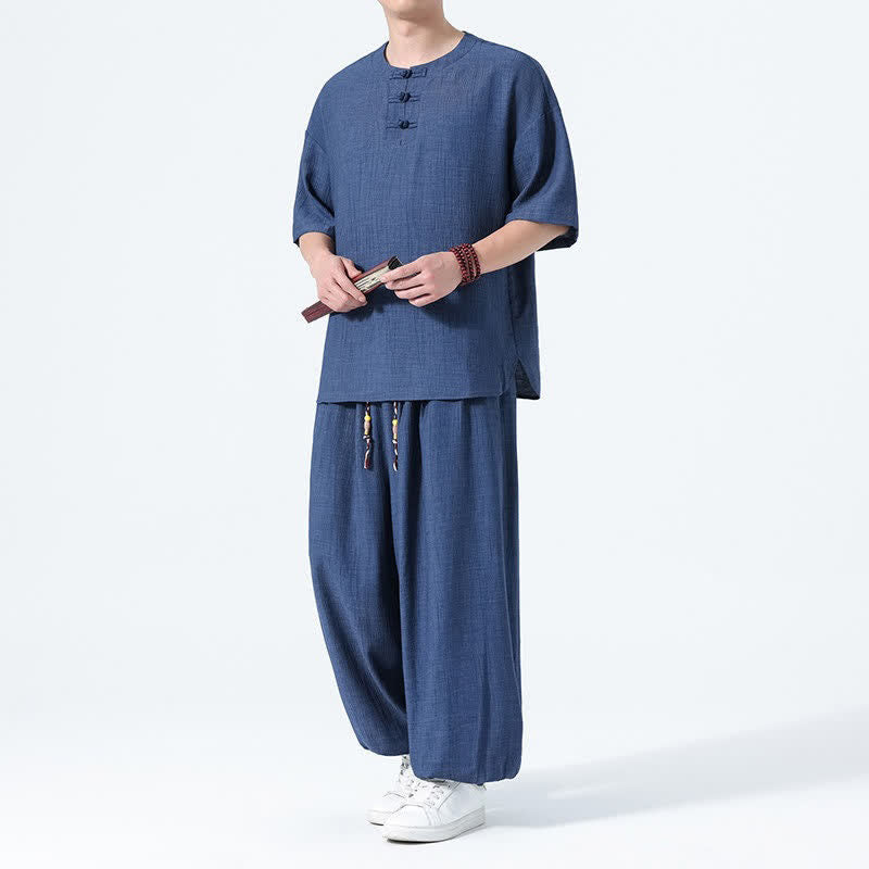 Buddha Stones Completo estivo da uomo composto da camicia a maniche corte con bottoni a rana, pantaloni harem e pantaloni da meditazione con tasche, stile Tang, con 2 pezzi. - Marina - US/UK/AU46, EU56 (5XL) - image 13