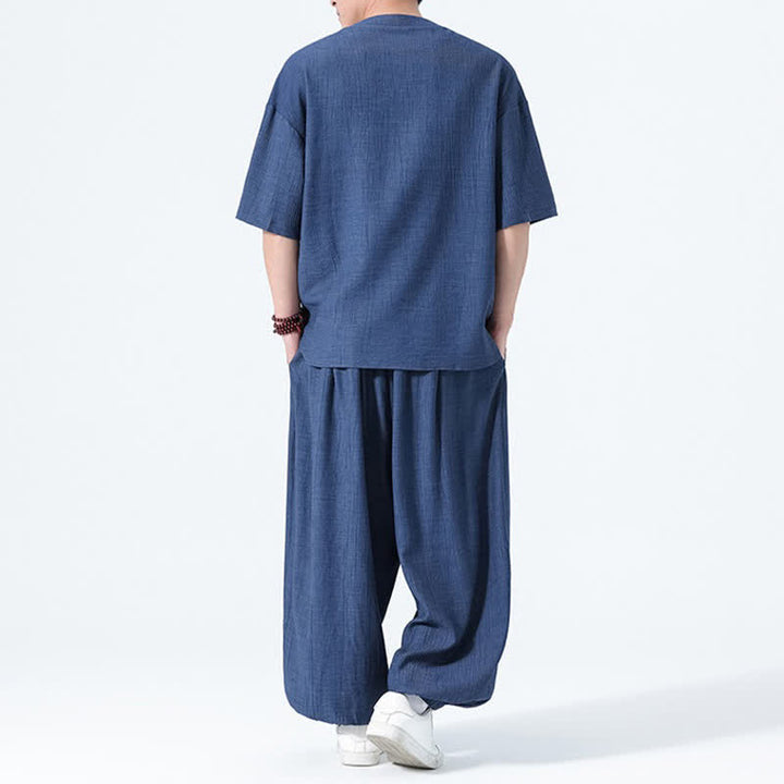 Buddha Stones Completo estivo da uomo composto da camicia a maniche corte con bottoni a rana, pantaloni harem e pantaloni da meditazione con tasche, stile Tang, con 2 pezzi. - image 16