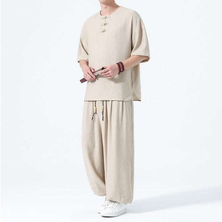 Buddha Stones Completo estivo da uomo composto da camicia a maniche corte con bottoni a rana, pantaloni harem e pantaloni da meditazione con tasche, stile Tang, con 2 pezzi. - Grano - US/UK/AU46, EU56 (5XL) - image 20