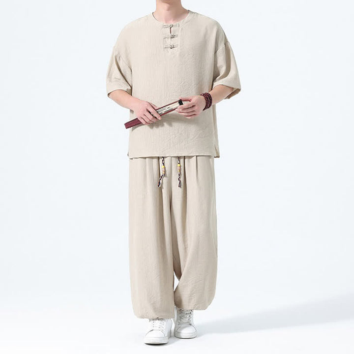 Buddha Stones Completo estivo da uomo composto da camicia a maniche corte con bottoni a rana, pantaloni harem e pantaloni da meditazione con tasche, stile Tang, con 2 pezzi. - image 26