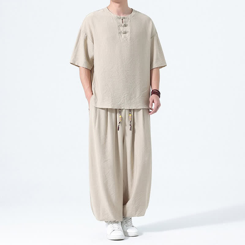 Buddha Stones Completo estivo da uomo composto da camicia a maniche corte con bottoni a rana, pantaloni harem e pantaloni da meditazione con tasche, stile Tang, con 2 pezzi. - image 21