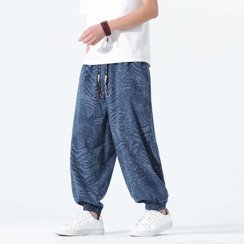 Buddha Stones Pantaloni corti da uomo stile boho con coulisse, modello leopardato, casual primavera/estate, con tasche. - SteelBlue - US/UK/AU46, EU56 (5XL) - image 0