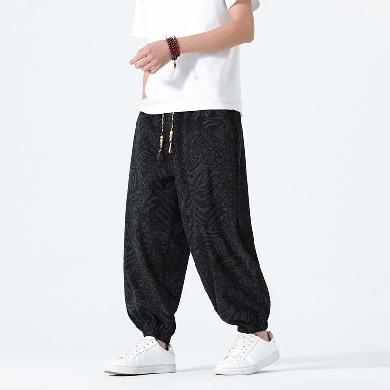 Buddha Stones Pantaloni corti da uomo stile boho con coulisse, modello leopardato, casual primavera/estate, con tasche. - Nero - US/UK/AU46, EU56 (5XL) - image 8