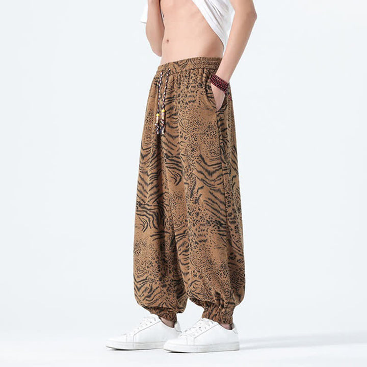 Buddha Stones Pantaloni corti da uomo stile boho con coulisse, modello leopardato, casual primavera/estate, con tasche. - image 23