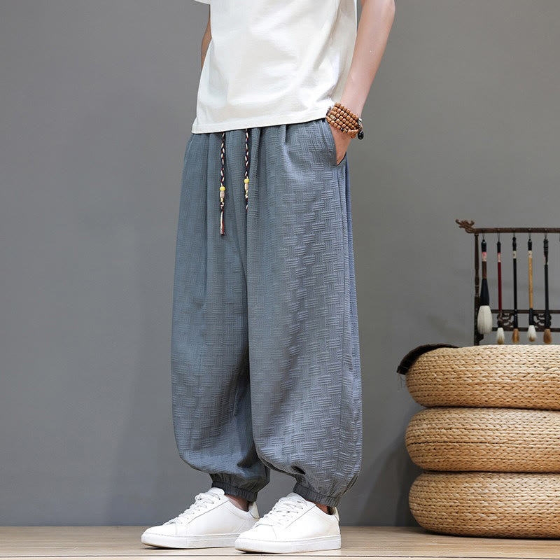 Buddha Stones Pantaloni estivi casual con coulisse, tinta unita, con trama effetto rattan intrecciato, modello harem da uomo con tasca. - image 1