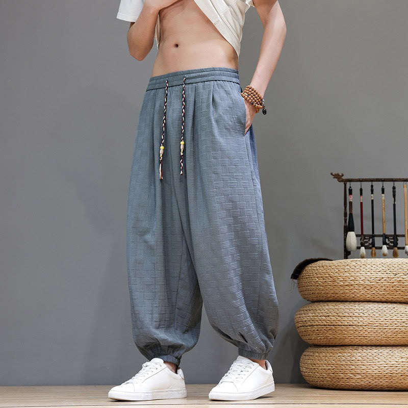Buddha Stones Pantaloni estivi casual con coulisse, tinta unita, con trama effetto rattan intrecciato, modello harem da uomo con tasca. - image 8