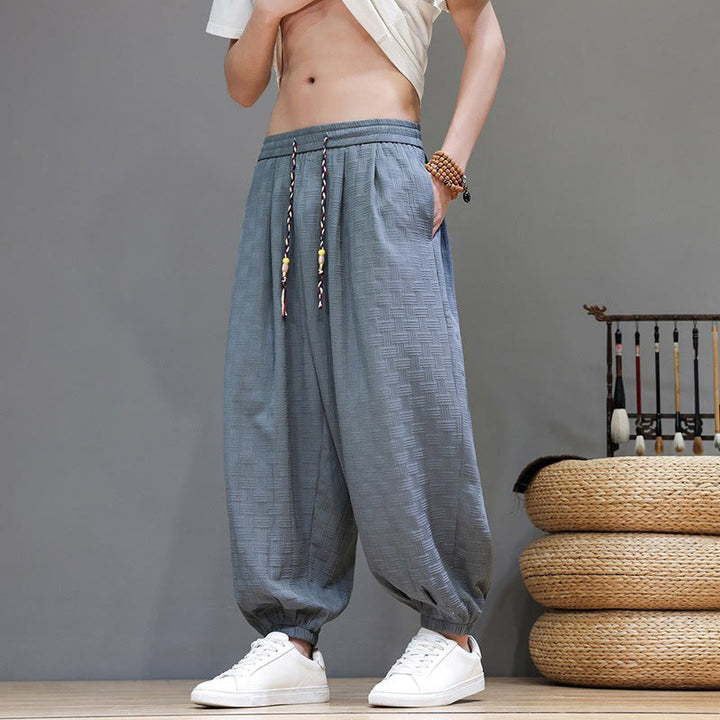 Buddha Stones Pantaloni estivi casual con coulisse, tinta unita, con trama effetto rattan intrecciato, modello harem da uomo con tasca. - image 8