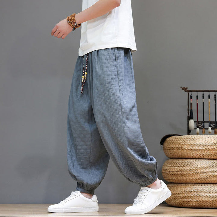 Buddha Stones Pantaloni estivi casual con coulisse, tinta unita, con trama effetto rattan intrecciato, modello harem da uomo con tasca. - image 2